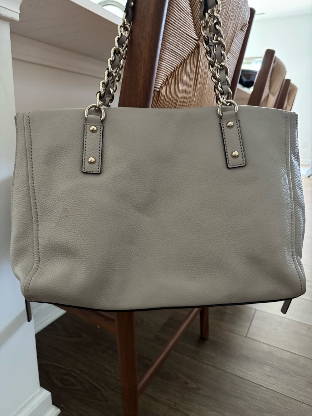 kate spade Pebbled Leather Tote in Light Gray with Gold Chain Straps